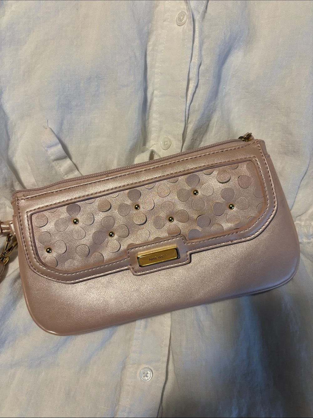 Nine West  Blush Pink Metallic floral Accent Wristlet